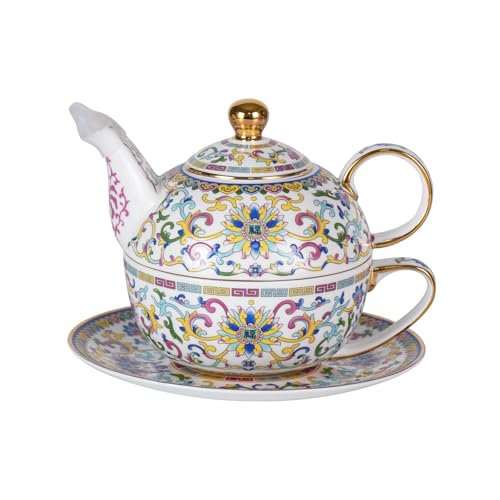 KAMMAK Tea for One Set, Ceramic Teapot, Bone China Tea Set, Cup and Saucer | White, Vintage, Porcelain Stackable Tea Pot Set with Golden Trim for Coffee and Cappuccino,Ideal for Afternoon Tea and Gifts - color: White