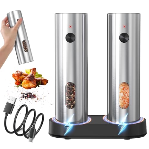 Electric Salt and Pepper Grinder Set with Rechargeable Base, Stainless Steel Automatic Pepper Mill, Large Capacity with LED Light & Adjustable Coarseness, Ideal for Kitchen, Outdoor & BBQ Gifts