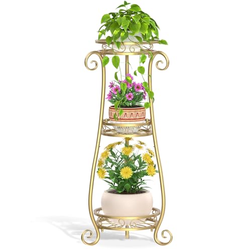 LASZOLA 3 Tiers Metal Corner Plant Flower Stand Tall Indoor Outdoor, Gold | Heavy Duty Small Holder Shelf for Multiple Plants, Vintage 30 Inch High for Patio Office, Modern Sturdy Vertical Iron Rack - color: Gold, size: 3 Tier
