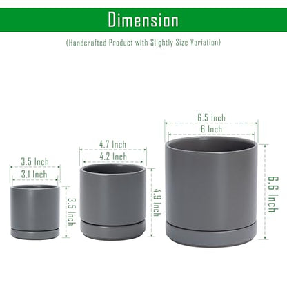D'vine Dev 3-Pack Ceramic Pots with Saucers, 3/4/6 in, Grey, 94-T-S-3 | Glazed Ceramic, Drainage Hole, Perfect-Fit Saucer, Sleek Cylinder Shape, High Temperature Fired, Elegant Home Accent - color: Gray, size: 3"+4"+6"