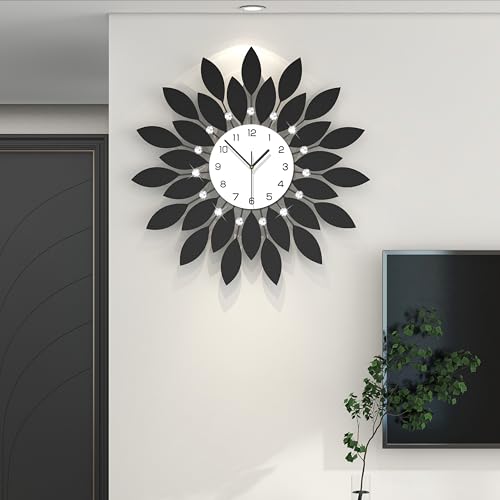 FLEBLE Large Wall Clock for Living Room Decor Clock Silent Battery Operated | Modern Decorative Non Ticking 24in Round Black Metal Crystals Clock for Office, Home, Bathroom, Kitchen, Bedroom or Entryway - color: Black