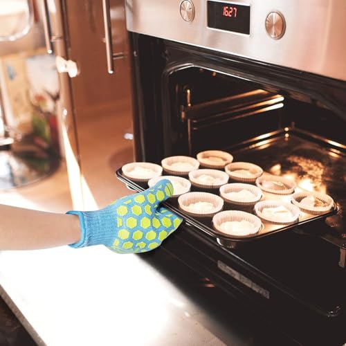 J H Heat Resistant Oven Glove: EN407 Certified 932 °F BBQ & Oven Mitts for Grlling, Baking, Kitchen, Camping,Fireplace Indoor&Outdoor 1 Pair - color: Sky-blue Shell With Yellow Silicone Coating