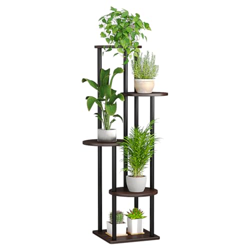 Plant Stand Indoor Tall Corner Tiered Shelf 5 Tier Metal MDF Board | Sturdy metal frame Staggered tiers fit Multiple plants Space-saving for living room balcony bedroom Patio Garden,Black Oak - color: Black Oak, size: 5 Tier