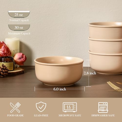 GZG 6-Inch Ceramic Cereal Bowls Set of 4, Warm Sand | Rustic Matte Glazed Stoneware, For Cereal, Soup, Salad & Snacks, 30 oz Capacity, Microwave & Dishwasher Safe - color: Warm Sand, size: 4 pcs Bowl Set