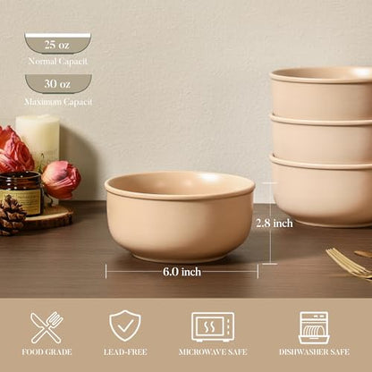 GZG 6-Inch Ceramic Cereal Bowls Set of 4, Warm Sand | Rustic Matte Glazed Stoneware, For Cereal, Soup, Salad & Snacks, 30 oz Capacity, Microwave & Dishwasher Safe - color: Warm Sand, size: 4 pcs Bowl Set