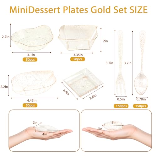 1200 Pcs Gold Mini Disposable Appetizer Plates Set Include 6 Shaped Mini Dessert Plates, Fork-Spoon, Exquisite And Cute Banquet And Party Desechables Para Postres For Dessert And Appetizers - color: Golden