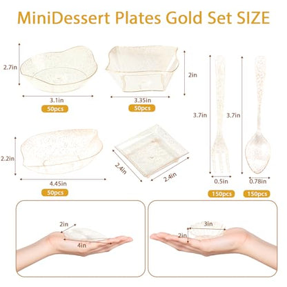 1200 Pcs Gold Mini Disposable Appetizer Plates Set Include 6 Shaped Mini Dessert Plates, Fork-Spoon, Exquisite And Cute Banquet And Party Desechables Para Postres For Dessert And Appetizers - color: Golden