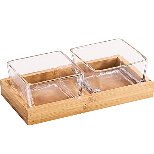 2 Compartment Glass Fruit Bowl with Wooden Tray Creative Snack Serving Tray Divided Serving Platter Reusable Ice Cream Cups Removable Salad Bowls for Snack Candy Nuts Desserts Transparent - color: Transparent, size: 2 Compartment