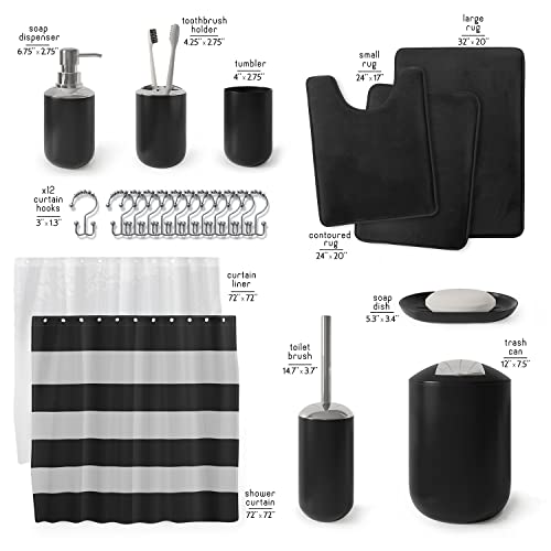 Clara Clark Bathroom Set - Black Bathroom Accessories Set, Bathroom Sets with Shower Curtain and Rugs, 23PC Shower Curtain Set with Liner, Soap Dispenser, Toilet Brush, & Trash Can - color: Black, size: Complete Set + Bath Rugs