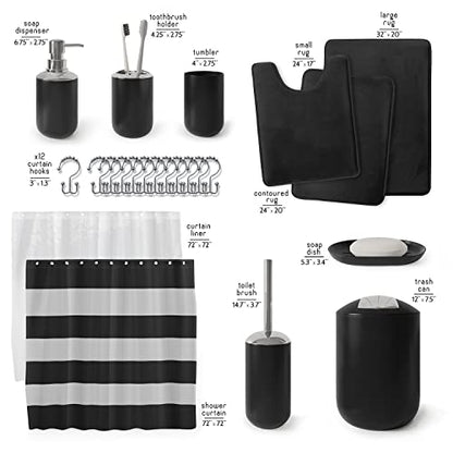 Clara Clark Bathroom Set - Black Bathroom Accessories Set, Bathroom Sets with Shower Curtain and Rugs, 23PC Shower Curtain Set with Liner, Soap Dispenser, Toilet Brush, & Trash Can - color: Black, size: Complete Set + Bath Rugs