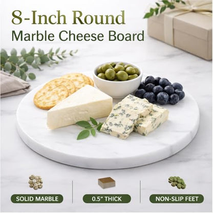 8-Inch Round Marble Cheese Board with Non-Slip Feet | Natural Marble Construction, Unique Veining, 8-Inch Size, 0.5 Inch Thick, Non-Slip Feet, Scratch Protection - color: White, size: 8"L x 8"W