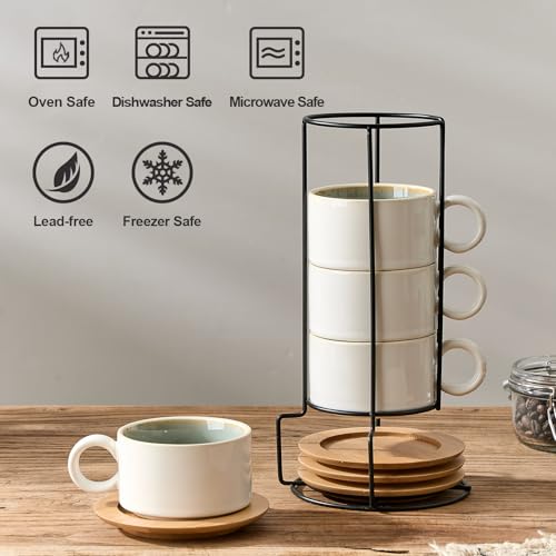 LUKA 6 Ounce Porcelain Stackable Espresso Cups with Saucers and Metal Stand Set of 4, Ceramic Cappuccino Cups Set for Specialty Coffee Drinks, Latte, Cafe Mocha and Tea, White Green Interior - color: White-Green