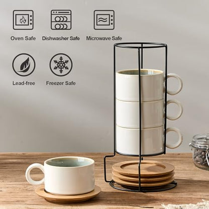 LUKA 6 Ounce Porcelain Stackable Espresso Cups with Saucers and Metal Stand Set of 4, Ceramic Cappuccino Cups Set for Specialty Coffee Drinks, Latte, Cafe Mocha and Tea, White Green Interior - color: White-Green