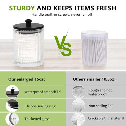 3 Pack Qtip Holder - Bathroom Organizers and Storage, Cotton Round Holder Floss Pick Cotton Ball Swab Holder with Tray, Glass Apothecary Jars with Lids Container Set -sw clear b