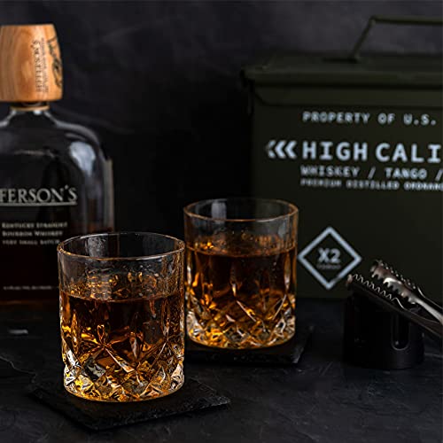 Whiskey Glasses and Stones in Unique Tactical Box Display | Bourbon Cocktail Cups, Coasters and Tongs | Gifts for Men | Glass Set