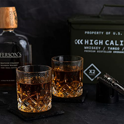 Whiskey Glasses and Stones in Unique Tactical Box Display | Bourbon Cocktail Cups, Coasters and Tongs | Gifts for Men | Glass Set