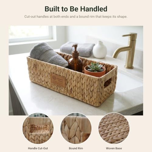 Water Hyacinth Toilet Paper Basket – Long Narrow Woven Storage Basket for Toilet Tank Top, Bathroom Counter & Shelf – Handwoven, Steel-Reinforced Rim – 15" x 6.7" x 5" (Fits 3 Rolls) - size: Long: 15x6.7x5"