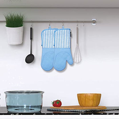 Alselo Silicone Oven Mitts Heat Resistant 932℉ with Waterproof & Non-Slip | Kitchen Mittens Set of 2,Extra Long Oven Gloves with Soft Cotton Terry Lining for Baking Cooking Barbecue (Blue,2) - color: Blue