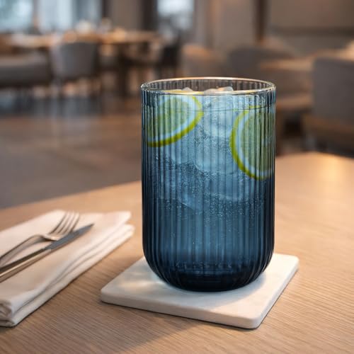 12 Piece Blue Ribbed Glassware Set, 14 oz Highball & 9 oz Rocks Glasses | Fluted Design, Blue Ribbed Glasses Cup Set for Milk, Water, Cocktail, Juice, Beer, ToothBrush Cup