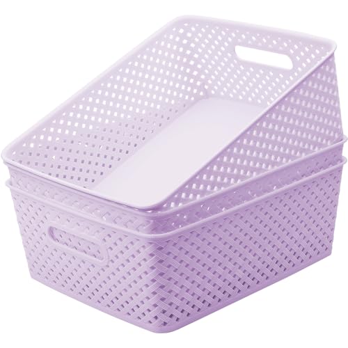 MaxGear 3 Pack Plastic Storage Baskets, Large, Purple | Durable Woven Plastic with Built-In Handles, Suitable for Shelves, Closets, Cabinets, Bathrooms and Offices - color: Purple, size: Large