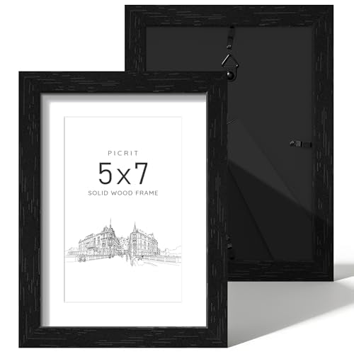 5x7 Solid Wood Frame Set of 2, Black Wood Grain Gallery Wall | Fits 4x6 Photos With Mat or 5x7 Without Mat, Black Backboard, Vertical or Horizontal Wall Mount, Tabletop, Easy Opening - color: Black Wood Grain, size: 5x7