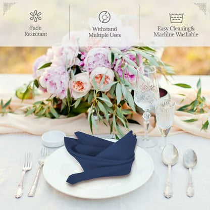 PLOYMONO Navy Blue Cloth Napkins - 8 Pack 17"x17" Polyester Dinner Napkins | Heavy Duty 180 GSM Cloth Napkins with Hemmed Edges - Great for Restaurants, Weddings, Parties, Banquets Dinner - color: Navy Blue