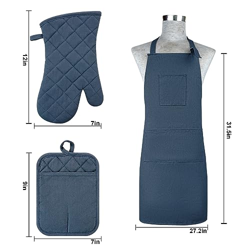 Oven Mitts and Pot Holders with Cooking Apron Set of 5, Heat Resistant Kitchen Gloves and Silicone Non-Slip Potholders, Adjustable Neck Buckle Chef Apron, Cotton Nice Design for Cooking （Navy… - color: Navy