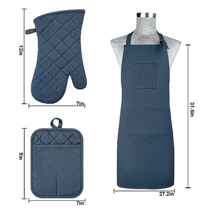 Oven Mitts and Pot Holders with Cooking Apron Set of 5, Heat Resistant Kitchen Gloves and Silicone Non-Slip Potholders, Adjustable Neck Buckle Chef Apron, Cotton Nice Design for Cooking （Navy… - color: Navy