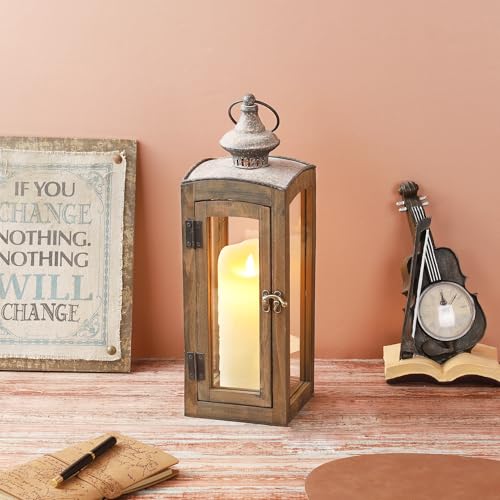 5"x15" Wooden Dome Lantern Made of Solid Fir Wood and Real Glass in Rustic Brown Finish with Rustic Metal Top, Hurricane Lantern, Farmhouse (5“x5) - color: Brown, size: 5“x5"