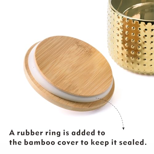 Salt Cellar Keeper with Bamboo Lid, 14oz Big Capacity Ceramic Sugar Bowls Pepper Box, Golden Water Dot Seasoning Container Condiment Pot for Kitchen (Gold Color) - color: Gold