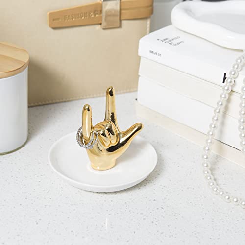 Lynagert I LOVE YOU Hand Ring Holder Dish Ceramic Jewelry Holder Dish Trinket tray for Rings Earrings Necklace Organizer, Engagement Wedding Ring Holder, Christmas Birthday Gifts (Golden) - color: Golden
