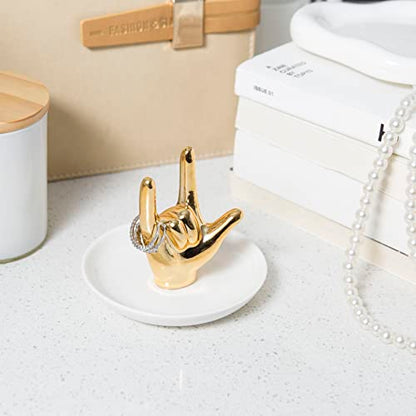 Lynagert I LOVE YOU Hand Ring Holder Dish Ceramic Jewelry Holder Dish Trinket tray for Rings Earrings Necklace Organizer, Engagement Wedding Ring Holder, Christmas Birthday Gifts (Golden) - color: Golden