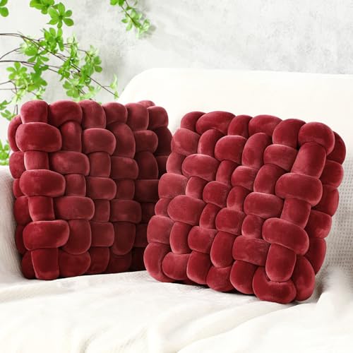 Wenqik 2 Pcs Knot Pillows Square Knotted Plush Throws Soft Accent Pillows Decoration Cushion for Couch Home Office Living Room Bedroom Bed Sofa Decor, 12'' x 13''(Burgundy,Crystal Velvet) - color: Burgundy