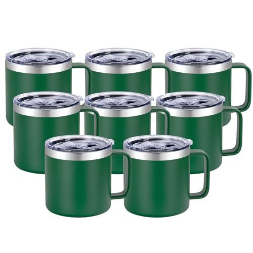 VEGOND 14 oz Insulated Coffee Mug Bulk with Handle, Stainless Steel Travel Coffee Mug with Lid, Double Wall Vacuum Metal Coffee Cup, Coffee Tumbler Powder Coated, Dark Green 8 Pack - color: Dark Green, size: 14 Ounces (8 Pack)