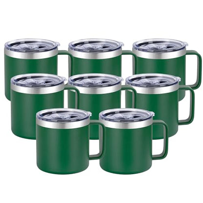 VEGOND 14 oz Insulated Coffee Mug Bulk with Handle, Stainless Steel Travel Coffee Mug with Lid, Double Wall Vacuum Metal Coffee Cup, Coffee Tumbler Powder Coated, Dark Green 8 Pack - color: Dark Green, size: 14 Ounces (8 Pack)