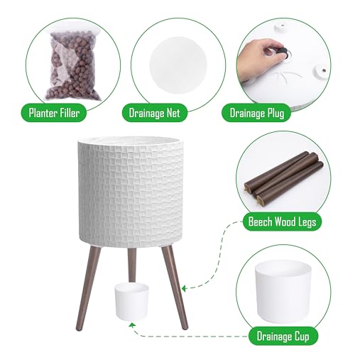 D'vine Dev Planter Pot with Wood Stand, 14 in, Matte White, 88-Z-D-1 | Mid-Century Modern Style, Elevated Plant Display, Drainage Hole and Plug, Functional & Stylish, Modern Indoor Planter - color: Matte White, size: X-Large