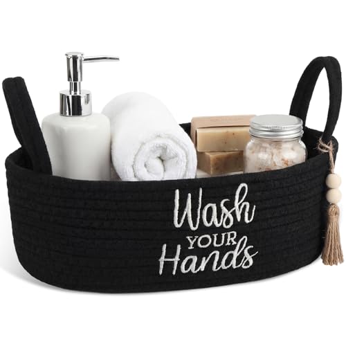 Wash Your Hands Bathroom Decoration Black Cotton Rope Toilet Basket Toilet Paper Holder Basket Rustic Bathroom Organizer Farmhouse Home Decoration Organizing Small Baskets - color: Black, style: Wash Your Hands