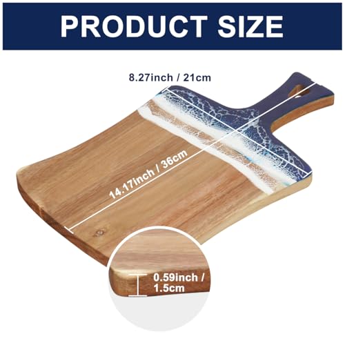 Cutting Board for Kitchen – 14.2" x 8.3" Wooden Serving Board with Handle for Steak Bread Cheese & Fruits – Blue ocean Resin Chopping Board, Easy to Clean - color: Blue
