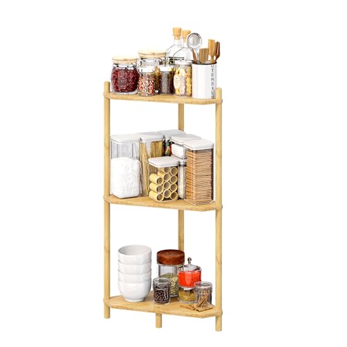 Corner Shelf Stand - 3 Tier Bamboo Small Corner Bookshelf for Office Kitchen Bedroom Plant Stand Living Room Decor Small Space (Natural，3 Tier) - color: Natural, size: 3 Tier