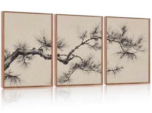 HPNIUB Vintage Sketch Pine Tree Framed Canvas Wall Art Set, Brown Antique Tree Branch Wall Decor, Nature Botanical Art Print, Modern landscape Pictures for Living Room, Office(Set of 3,12X16 Inch) - color: Vintage Sketch Pine Tree Wall Art