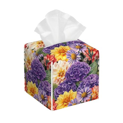 Hydrangea and Dahlia Flower Tissue Box Cover Square, Daisy Tissue Box Holder with Bottom Belt Leather Facial Paper Organizer Dispenser for Bathroom Bedroom Dresser Night Stand Tabletop - color: Hydrangea and Dahlia Flower