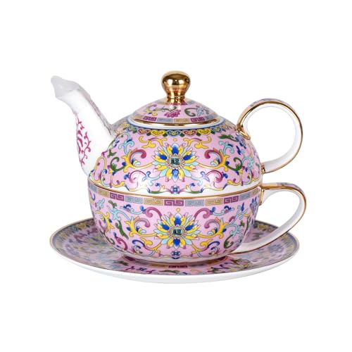 KAMMAK Tea for One Set, Ceramic Teapot, Bone China Tea Set, Cup and Saucer | Pink, Vintage, Porcelain Stackable Tea Pot Set with Golden Trim for Coffee and Cappuccino, Ideal for Afternoon Tea and Gifts - color: Pink