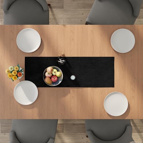 Encasa XO Table Runner 2 Seater, Soft Chenille 13"x36" | Black, Woven Rib Texture | Machine Washable | Colorfast & Shrink Resistant | Durable Polyester Yarns - color: Black, size: 13x36 in