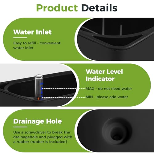 2 Pack Rectangular Self Watering Planter 15.6 x 5.4 in Window Sill Planters Indoor Rectangle Planter Self Watering Pots Plastic Plant pots with Drainage Holes Black Flower Pot (Black) - color: Black