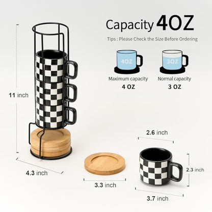 LUKA Porcelain Stackable Black and White Checkered Espresso Cups with Saucers and Metal Stand, 4 Ounce Small Ceramic Demitasse Cups Set for Coffee Drinks, Latte, Tea - Set of 4, Black Interior - color: 4BKG-Black & White