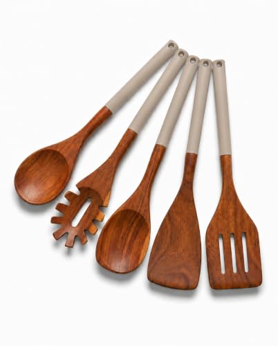 DI ORO Wooden Kitchen Utensil Set - 5-Piece Wooden Spoon & Spatula Set - Nonstick Cookware Safe Teak Wood Cooking Utensils - Heat-Resistant Kitchen Utensils Set with Silicone Handles (Soft Grey) - color: Soft Grey