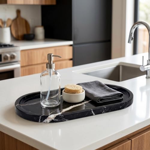 YKAJO Nero Marquina Oval Marble Tray, 11.8x5.9 Vanity Perfume Organizer | Honed natural stone; jewelry & trinket dish, ring & key holder, soap & candle catchall; bath counter, dresser, coffee table - color: Nero Marquina, size: 11.8" x 5.9" x 0.6"