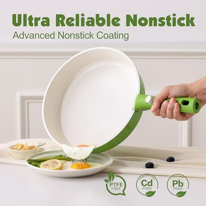 SENSARTE 17 Piece Ceramic Detachable Handle Pots and Pans Set Green | Ceramic Cookware Set, Induction Cookware Set with Removable Handle, Healthy Non Stick for RV, Dishwasher ＆ Oven Safe - color: Green, size: 17 Piece