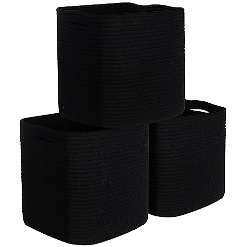 3-Pack 11x11 Inch Cube Storage Bin, Woven Organizer, Closet Cute Square Bins, Decorative Classroom Bathroom Pantry and Shelf Baskets, Full Black (MD-196) - color: Full Black