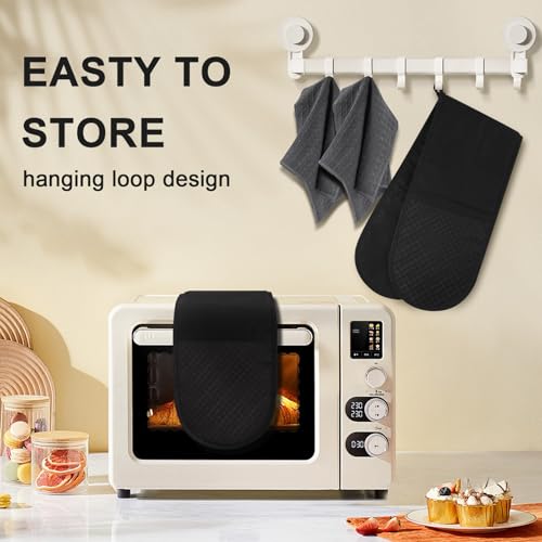 Philorn Black Double Oven Mitts, Heat Resistant 260℃ Silicone Glove | Waterproof Kitchen Gloves Oven Extra Long Oven Mitts with Non-Slip Silicone Surface for Baking, Cooking, BBQ - color: Black 1